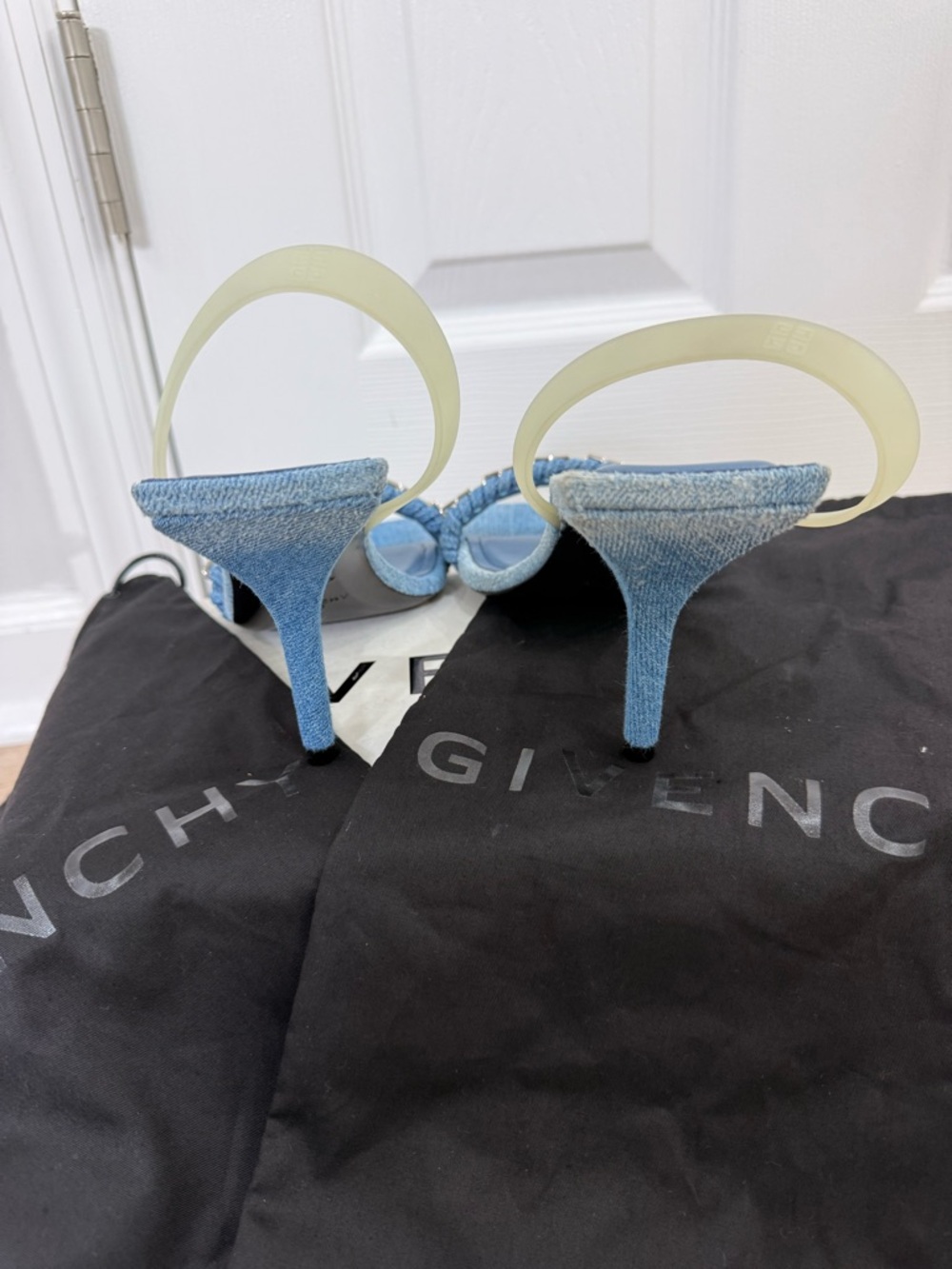 Givenchy Light Blue Denim Chain-Trim Slingback Heels - Picture 6 of 8